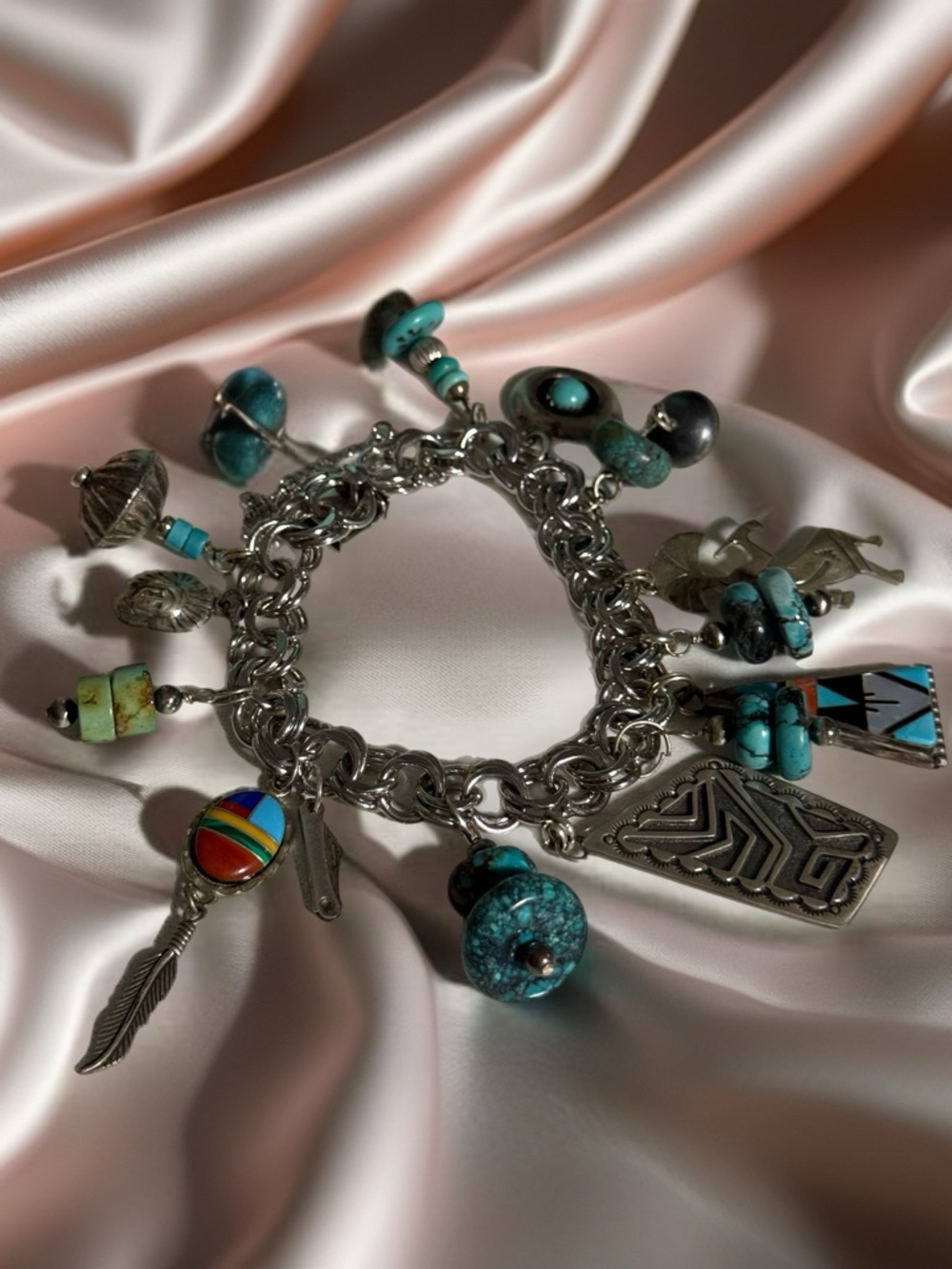 Sterling Silver Native American Turquoise Charm  Bracelet Custom